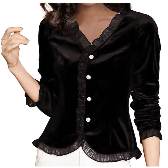 GERsome Women's Velour Ruffled Sweatshirts V-neck Long Sleeve Casual Button Soft Shirts Velvet Tops