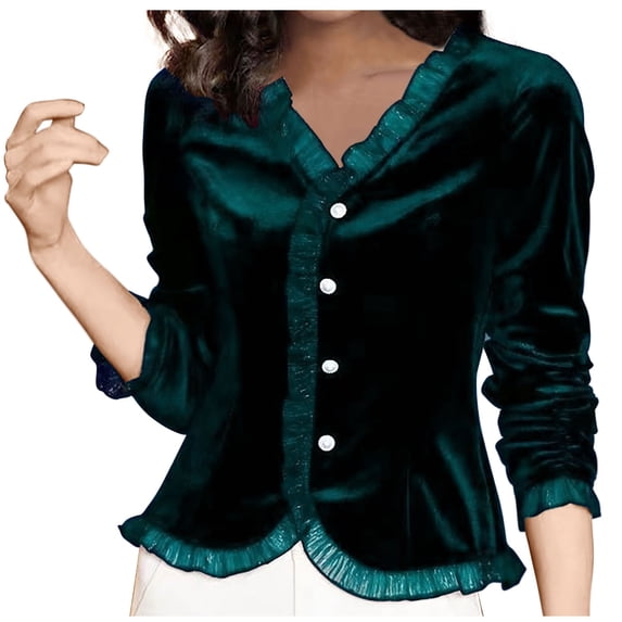 GERsome Women's Velour Ruffled Sweatshirts V-neck Long Sleeve Casual Button Soft Shirts Velvet Tops