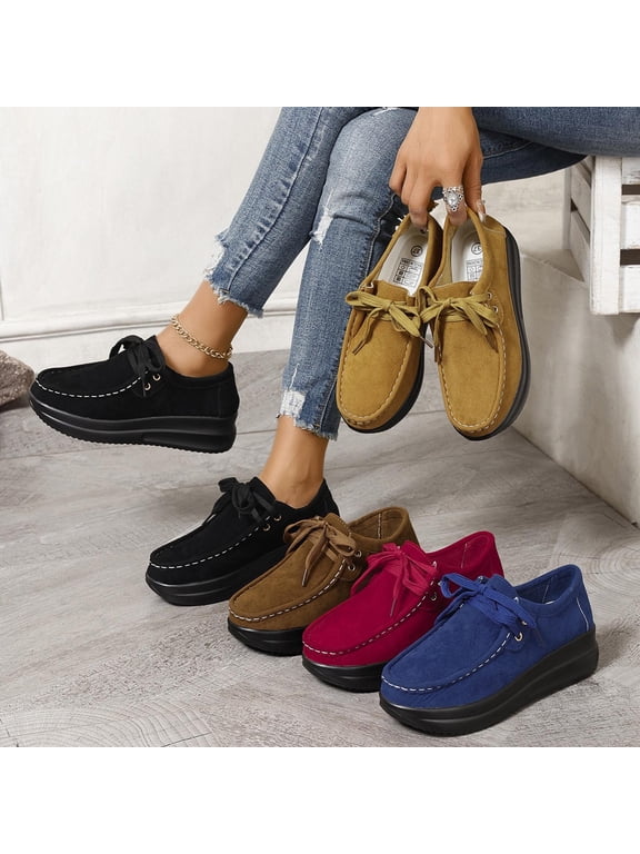Women's Wedge Platform Loafers Closed Toe Lace-Up Summer Travel Work Outdoor Walking Shoes, Black Size 6