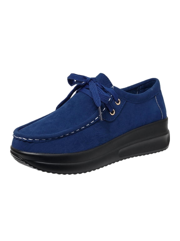Women's Wedge Platform Loafers Closed Toe Lace-Up Summer Travel Work Outdoor Walking Shoes, Blue Size 9