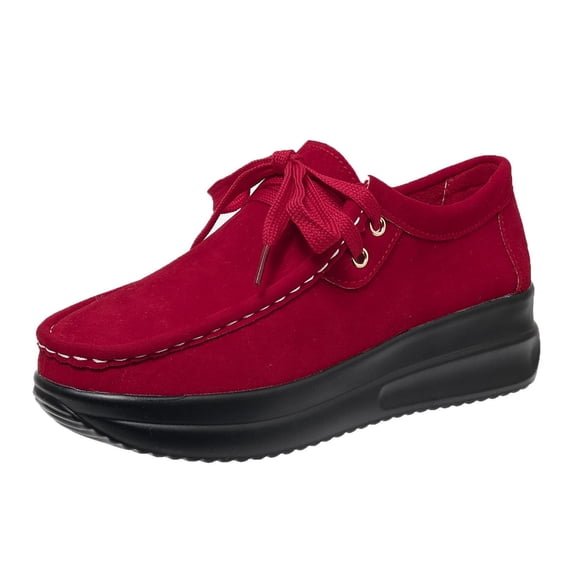 GERsome Women's Wedge Platform Loafers Closed Toe Lace-Up Summer Travel Work Outdoor Walking Shoes, Red Size 7