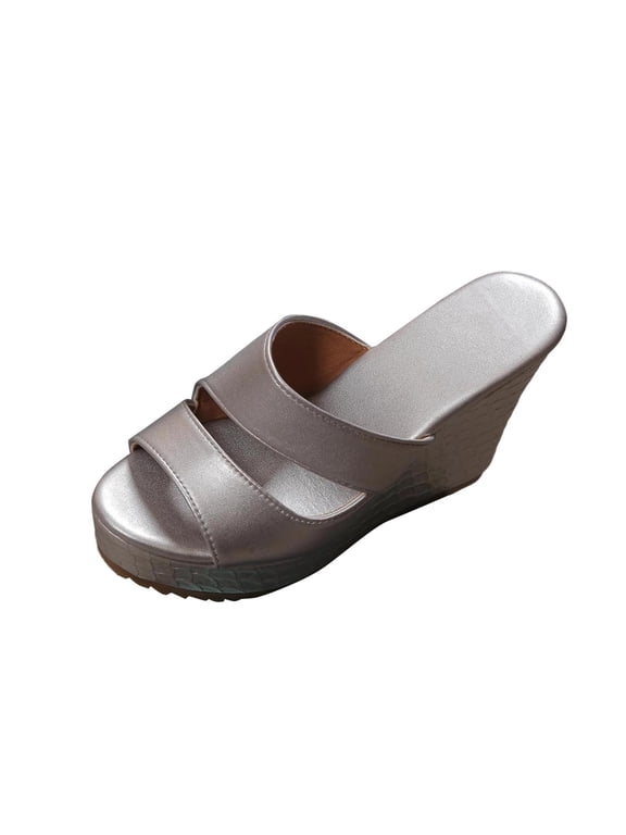 Women's Wedge Sandals Platform Open Toe Slip-On Comfort Summer Beach Wedges Heels Mules, Silver Size 6