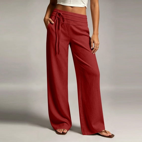 GERsome Women's Wide Leg Pants with Pockets Cotton Drawstring Elastic Waist Casual Loose Lounge Trousers, Red,Size S