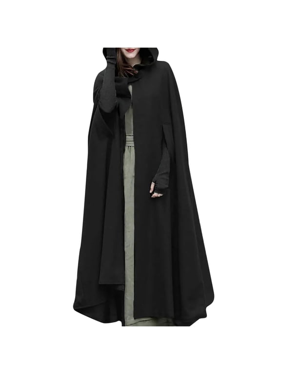 Women's Wool Blend Hooded Cape Poncho Maxi Cloak Coat