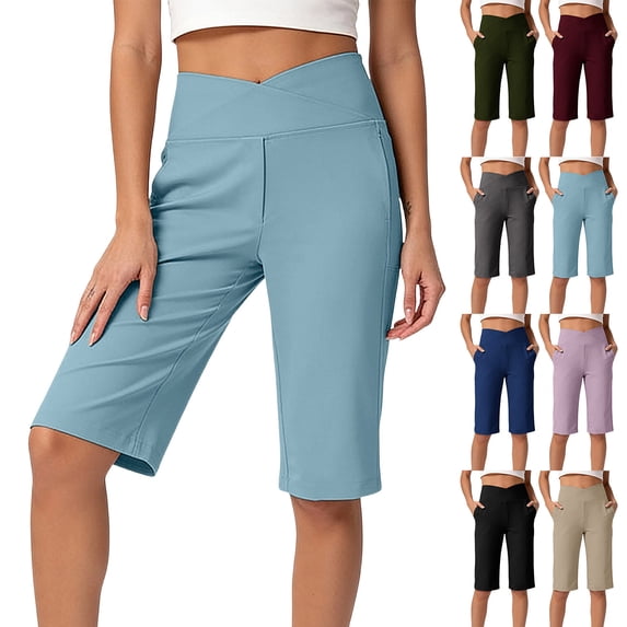 GERsome Women's Yoga Shorts with Pockets High Waist Stretchy Knee Length Shorts for Workout Running Athletic Casual,Sky Blue,Size L