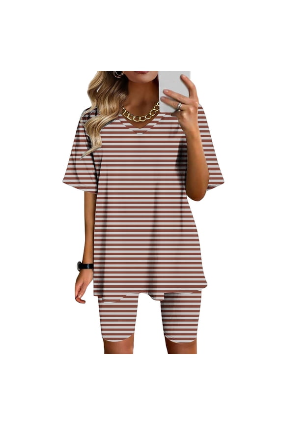 Womens 2 Piece Lounge Set Summer Short Sleeve Tops Matching Biker Shorts Travel Outfit Striped Loungewear Tracksuit S-3XL
