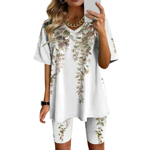 GERsome Womens 2 Piece Loungewear Sets Floral Print V Neck Pullover Tops and Biker Shorts Workout Sport Tracksuit S-3XL