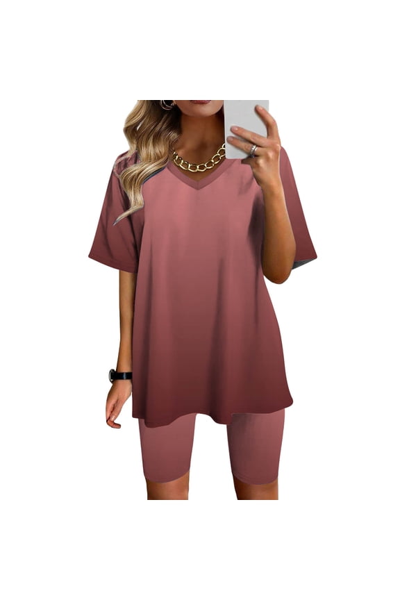 Womens 2 Piece Outfits Short Sleeve V Neck Tops Set Matching Biker Shorts Summer Loungewear Tracksuit Lounge Sets S-3XL