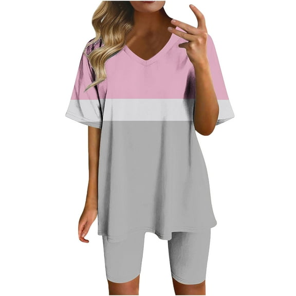 GERsome Womens 2 Piece Outfits Sweatsuits Summer Short Sleeve Loungewear Tracksuit Color Block V Neck Lounge Shorts Sets S-3XL