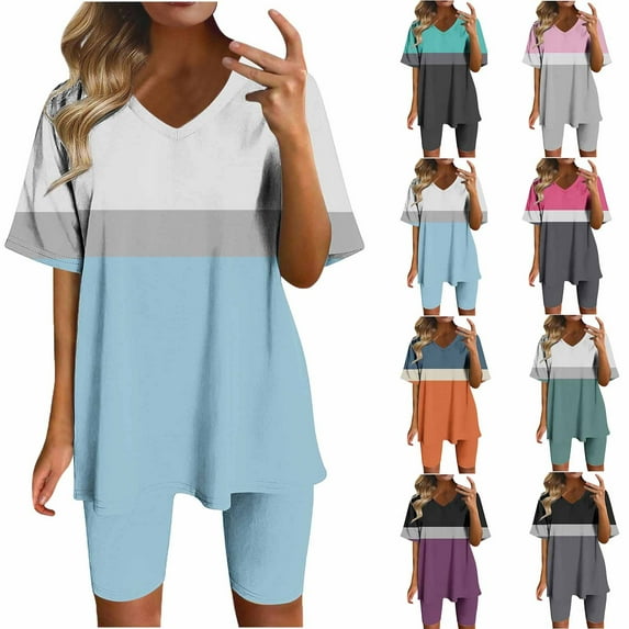 GERsome Womens 2 Piece Outfits Sweatsuits Summer Short Sleeve Loungewear Tracksuit Color Block V Neck Lounge Shorts Sets S-3XL