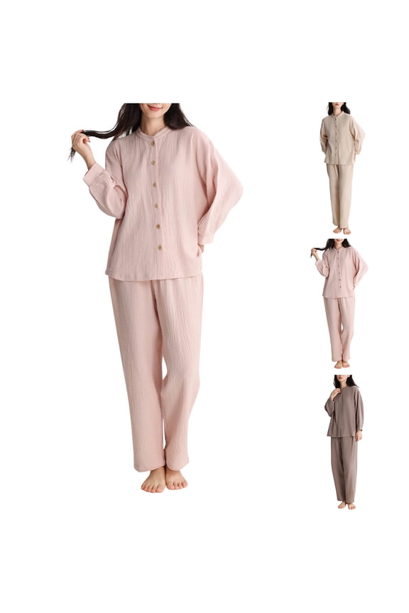 Womens 2 Piece Pajamas Outfits Crewneck Long Sleeve Tops Wide Leg Long Pants Soft Cotton Lounge Set Tracksuit M-XL