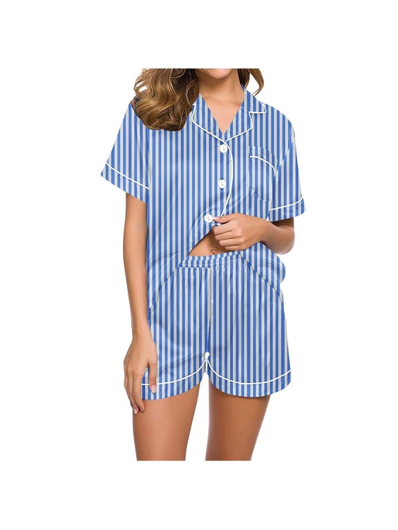 Womens 2 Piece Pajamas Set Summer Short Sleeve Sleepwear Button Down Nightwear Shorts Soft Pj Sets Comfortable Top and Shorts Pjs Set S-XXL