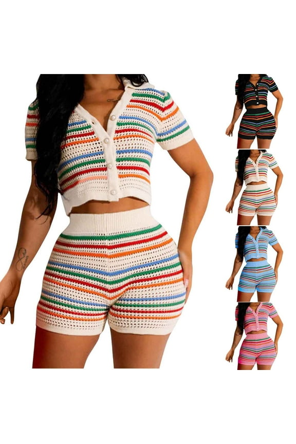 Womens 2 Piece Sets Summer Lounge Outfits Crochet Button Down Crop Tops Hollow Out Color Block Tracksuit Shorts Sets S-XL (Beige,L)