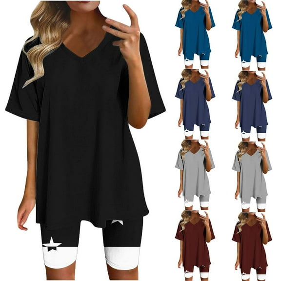 GERsome Womens 2 Piece Short Sleeve Tops and Biker Shorts Outfits Solid Color V Neck Workout Tracksuits S-3XL