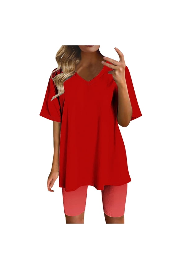 Womens 2 Piece Short Sleeve Tops and Biker Shorts Outfits Solid Color V Neck Workout Tracksuits S-3XL