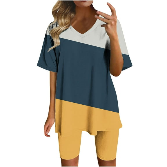 GERsome Womens 2 Piece Short Sleeve V Neck Tops and Biker Shorts Outfits Color Block Workout Tracksuits S-3XL