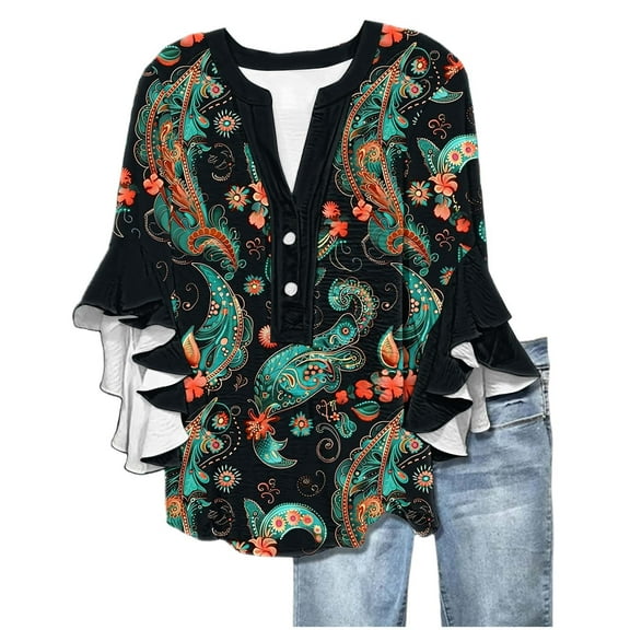 GERsome Womens 3/4 Ruffle Sleeve T-Shirts Button Down V Neck Summer Tunic Tops Casual Loose Fit Floral Print Work Business Blouses, Sizes S-2XL