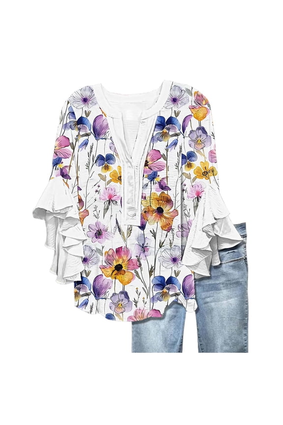 Womens 3/4 Ruffle Sleeve T-Shirts Button Down V Neck Summer Tunic Tops Casual Loose Fit Floral Print Work Business Blouses, Sizes S-2XL