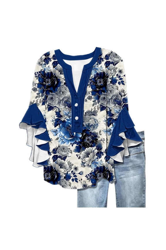 Womens 3/4 Ruffle Sleeve T-Shirts Button Down V Neck Summer Tunic Tops Casual Loose Fit Floral Print Work Business Blouses, Sizes S-2XL