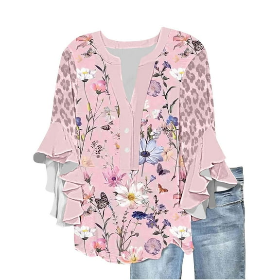 GERsome Womens 3/4 Ruffle Sleeve T-Shirts Summer Button Down V Neck Loose Fit Blouses Casual Floral Print Tunic Tops, Sizes S-2XL