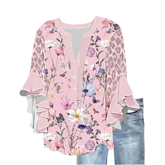 GERsome Womens 3/4 Ruffle Sleeve T-Shirts Summer Button Down V Neck Loose Fit Blouses Casual Floral Print Tunic Tops, Sizes S-2XL