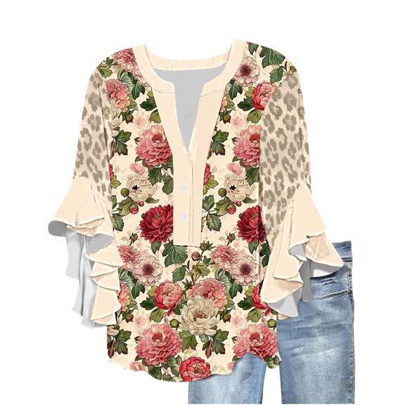 GERsome Womens 3/4 Ruffle Sleeve T-Shirts Summer Button Down V Neck Loose Fit Blouses Casual Floral Print Tunic Tops, Sizes S-2XL