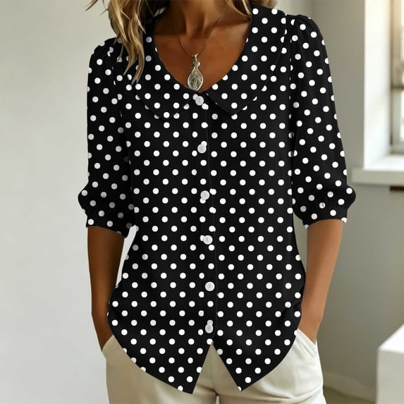 GERsome Womens 3/4 Sleeve Shirts Polka Dot Button Down Collared Tops for Casual Work Business Travel Black L
