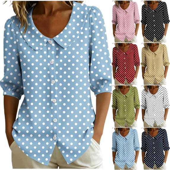 GERsome Womens 3/4 Sleeve Shirts Polka Dot Button Down Collared Tops for Casual Work Business Travel Light Blue L