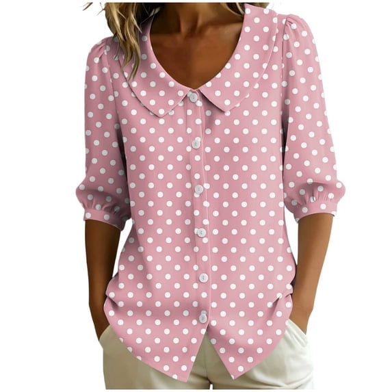 GERsome Womens 3/4 Sleeve Shirts Polka Dot Button Down Collared Tops for Casual Work Business Travel Pink XL
