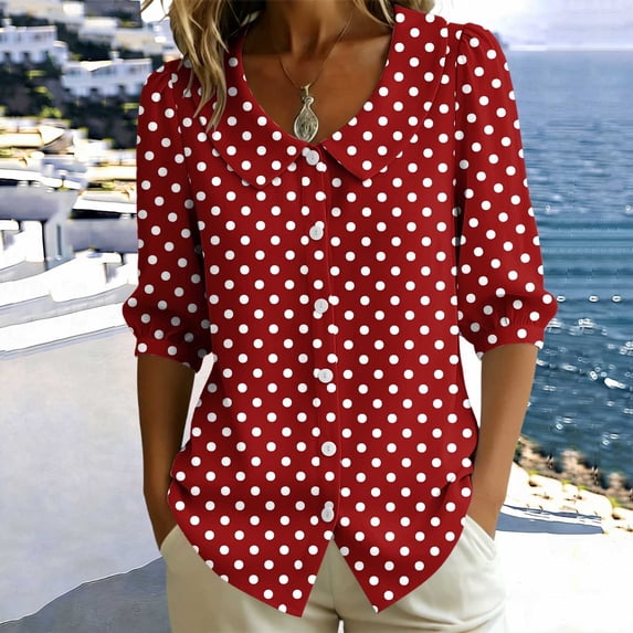 GERsome Womens 3/4 Sleeve Shirts Polka Dot Button Down Collared Tops for Casual Work Business Travel Wine M