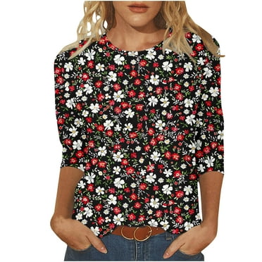 GERsome Womens 3/4 Sleeve Tops Casual Crew Neck T Shirts Trendy Cute Floral Print Blouses Dressy Fall Basic Tops