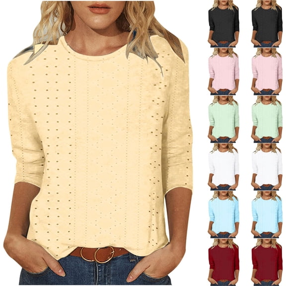 GERsome Womens 3/4 Sleeve Tops Crewneck Loose Fit Casual Tunic Tops Spring Summer Solid Color Basic Pullover S-3XL Beige/L
