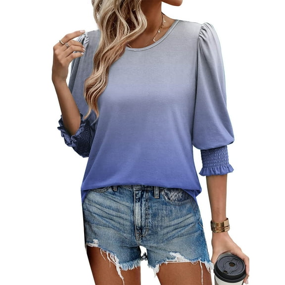 GERsome Womens 3/4 Sleeve Tops Dressy Casual Blouses Crew Neck Work Shirts Trendy Tops with Smocked Cuffs, Size S-2XL