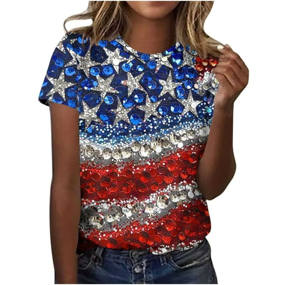 GERsome Womens 4th of July Short Sleeve Tops American Flag Patriotic T Shirts USA Flag Stars Stripes Crewneck Loose Fit Summer Tee S-5XL