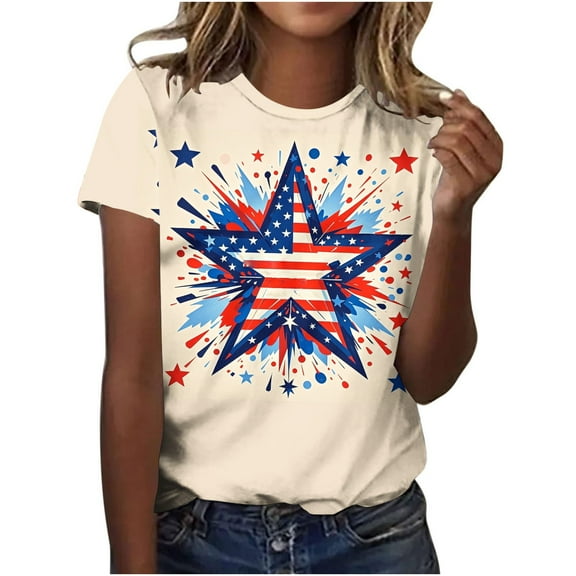 GERsome Womens 4th of July Short Sleeve Tops American Flag Patriotic T Shirts USA Flag Stars Stripes Crewneck Loose Fit Summer Tee S-5XL