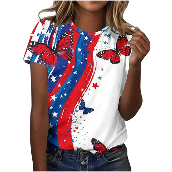 GERsome Womens 4th of July Short Sleeve Tops American Flag Patriotic T Shirts USA Flag Stars Stripes Crewneck Loose Fit Summer Tee S-5XL
