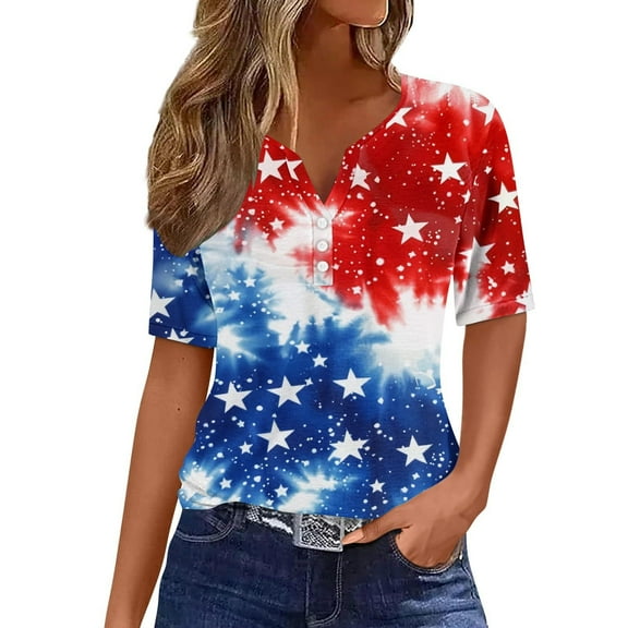 GERsome Womens 4th of July Short Sleeve Tops Casual Loose Fit V-neck T Shirts American Flag Patriotic Tee Shirts S-3XL