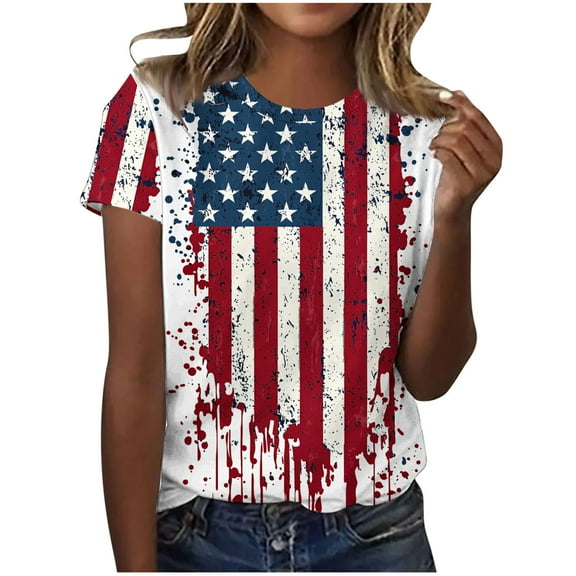 GERsome Womens 4th of July T-Shirt American Flag Patriotic Tops USA Flag Stars Stripes Loose Fit Short Sleeve Crewneck Summer Tee S-5XL