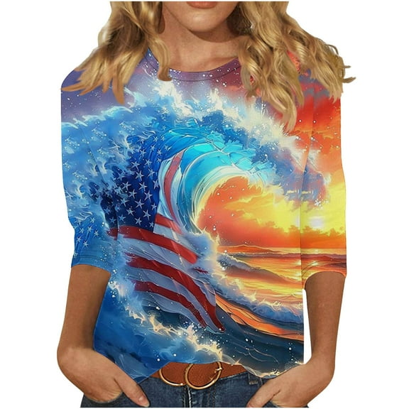 GERsome Womens 4th of July T Shirts 3/4 Length Sleeve Patriotic Tops Casual American Flag Shirts Crewneck Loose-Fit Blouses S-5XL