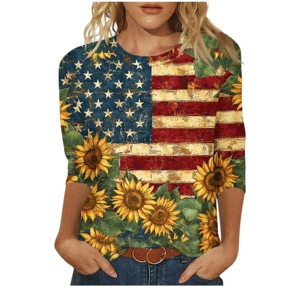 GERsome Womens 4th of July T Shirts 3/4 Length Sleeve Patriotic Tops Casual American Flag Shirts Crewneck Loose-Fit Blouses S-5XL