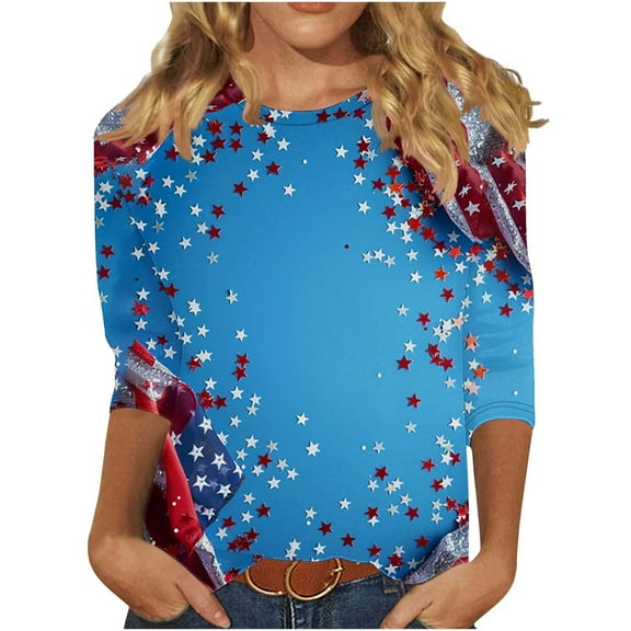 GERsome Womens 4th of July T Shirts 3/4 Length Sleeve Patriotic Tops Casual American Flag Shirts Crewneck Loose-Fit Blouses S-5XL