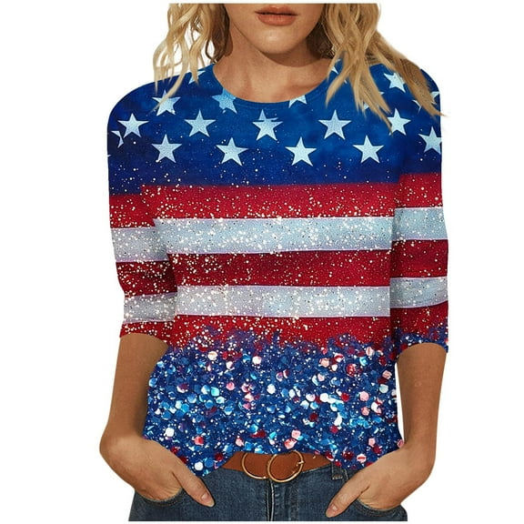 GERsome Womens 4th of July T Shirts 3/4 Length Sleeve Patriotic Tops Casual American Flag Shirts Crewneck Loose-Fit Blouses S-5XL