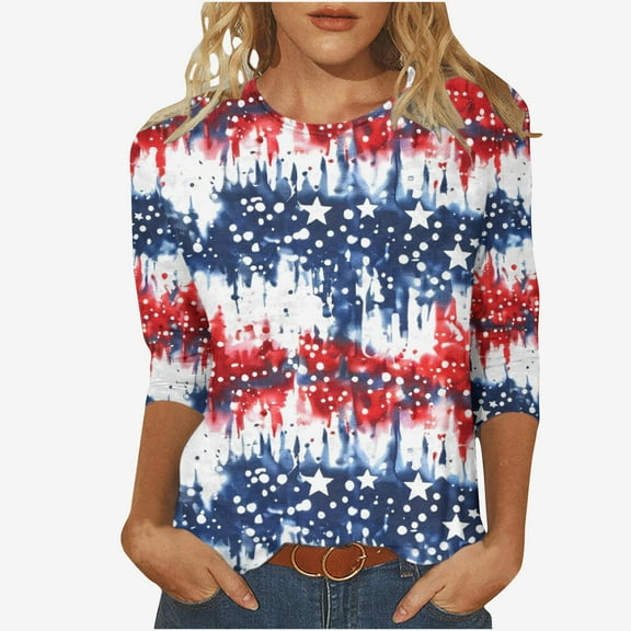 GERsome Womens 4th of July T-Shirts American Flag Patriotic Shirts Crewneck 3/4 Sleeve Loose Fit Summer Tops USA Flag Stars Stripes Graphic Tee S-5XL