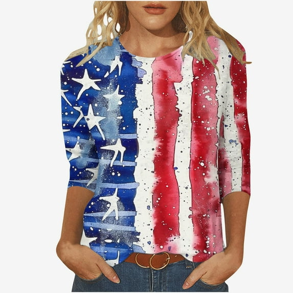 GERsome Womens 4th of July T-Shirts American Flag Patriotic Shirts Crewneck 3/4 Sleeve Loose Fit Summer Tops USA Flag Stars Stripes Graphic Tee S-5XL