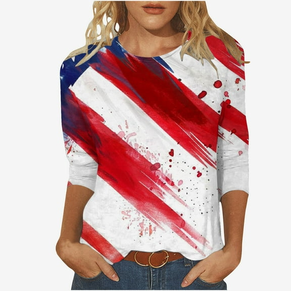 GERsome Womens 4th of July T-Shirts American Flag Patriotic Shirts Crewneck 3/4 Sleeve Loose Fit Summer Tops USA Flag Stars Stripes Graphic Tee S-5XL