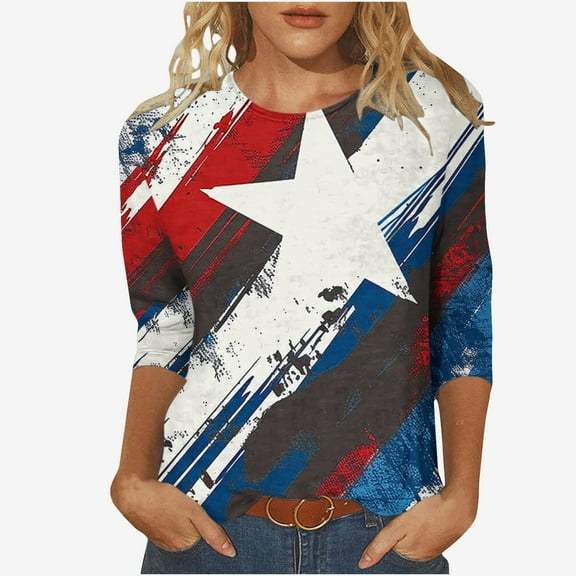 GERsome Womens 4th of July T-Shirts American Flag Patriotic Shirts Crewneck 3/4 Sleeve Loose Fit Summer Tops USA Flag Stars Stripes Graphic Tee S-5XL