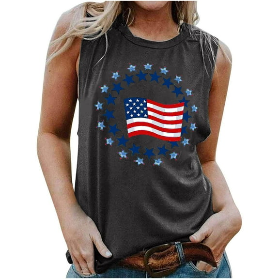 GERsome Womens 4th of July Tank Tops Crew Neck Sleeveless T Shirts USA Flag Stars Stripes Graphic Loose Fit Summer Tees S-2XL