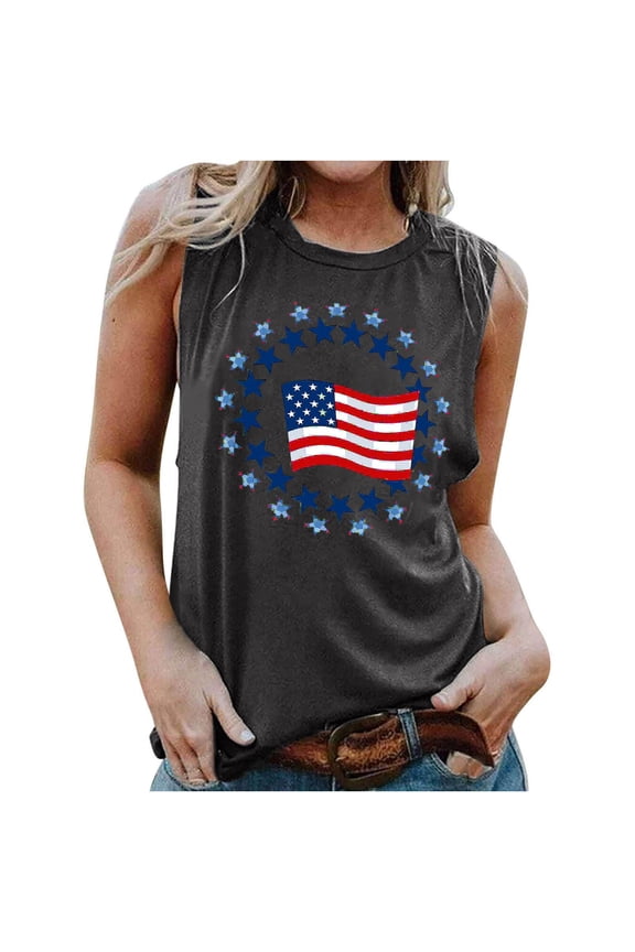 Womens 4th of July Tank Tops Crew Neck Sleeveless T Shirts USA Flag Stars Stripes Graphic Loose Fit Summer Tees S-2XL