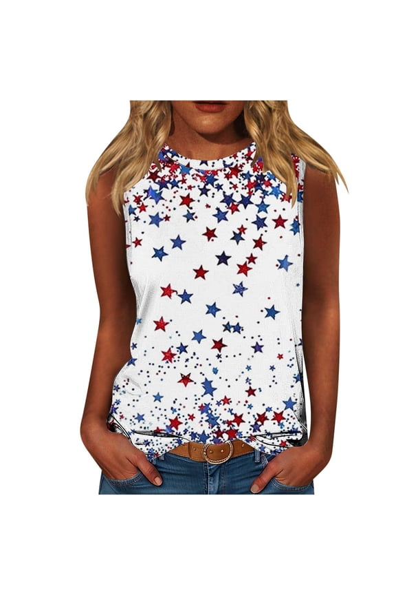 Womens 4th of July Tank Tops Summer Sleeveless American Flag Patriotic T-Shirts USA Flag Stars Stripes Crewneck Tees S-5XL