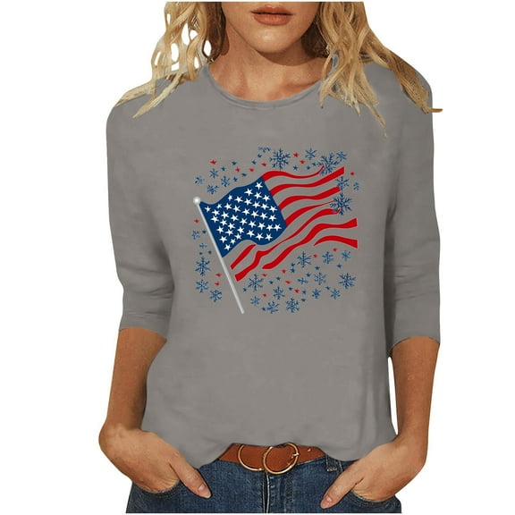 GERsome Womens 4th of July Tops 3/4 Sleeve American Flag Shirts Crewneck Loose Fit Tshirts USA Patriotic Graphic Summer Tees S-2XL